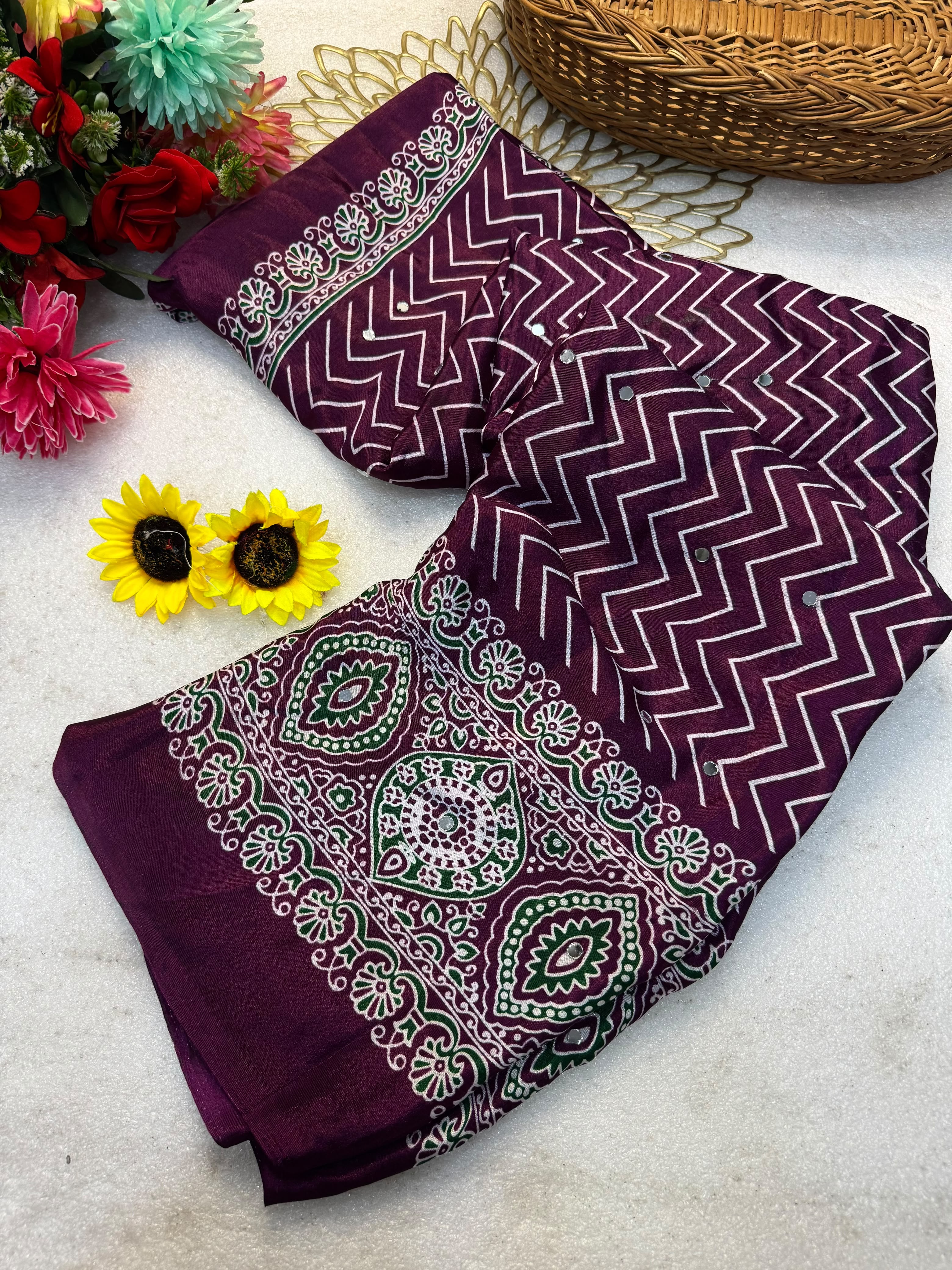 Pure Gajji Silk Ajrakh Bandhani Saree with Super Mirror Work | Heavy Soft Silk Traditional Party Wear Saree