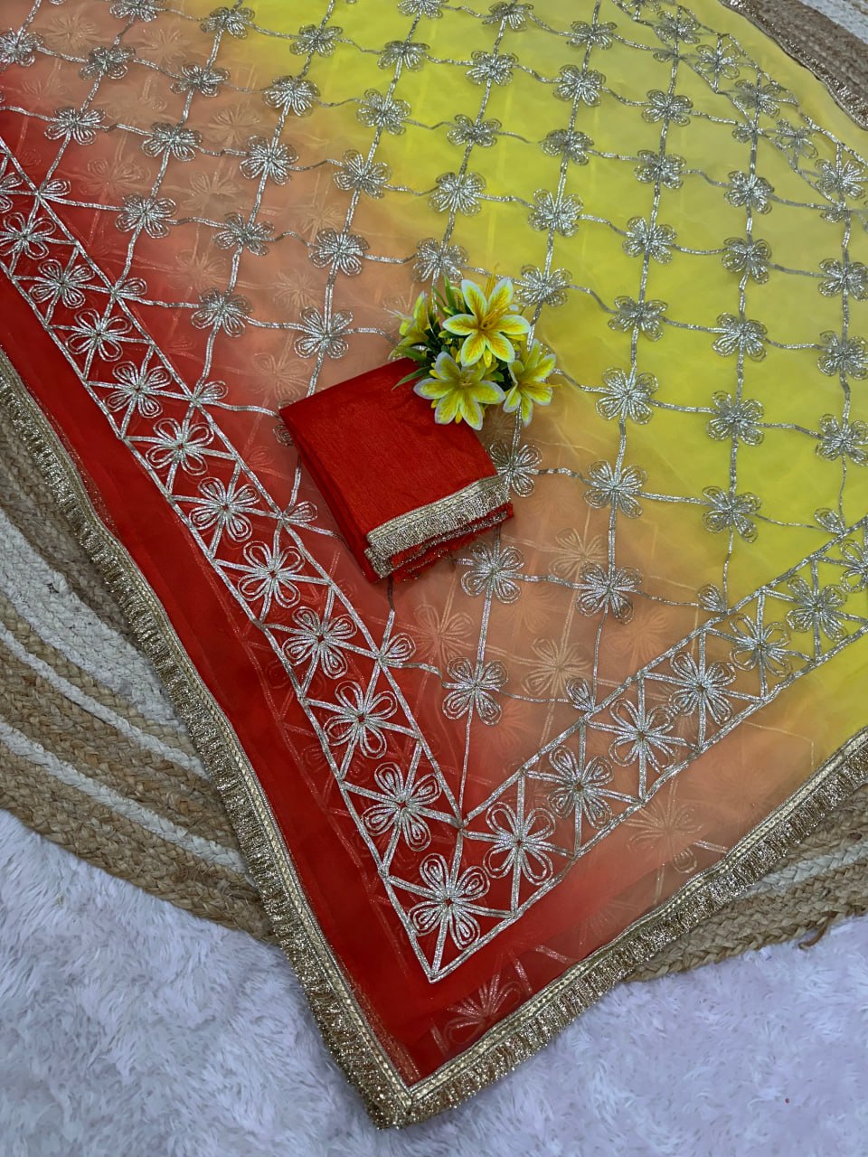 STAR Gota Work Bandhani Georgette Saree with Gotta Embroidery & Mono Silk Blouse