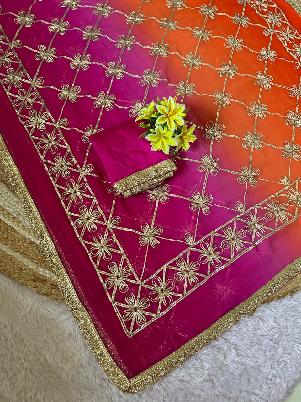 STAR Gota Work Bandhani Georgette Saree with Gotta Embroidery & Mono Silk Blouse