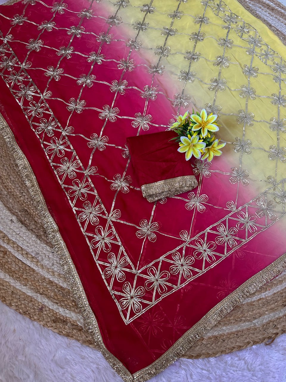STAR Gota Work Bandhani Georgette Saree with Gotta Embroidery & Mono Silk Blouse