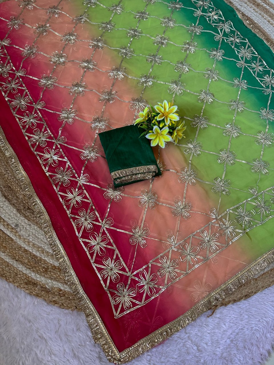 STAR Gota Work Bandhani Georgette Saree with Gotta Embroidery & Mono Silk Blouse
