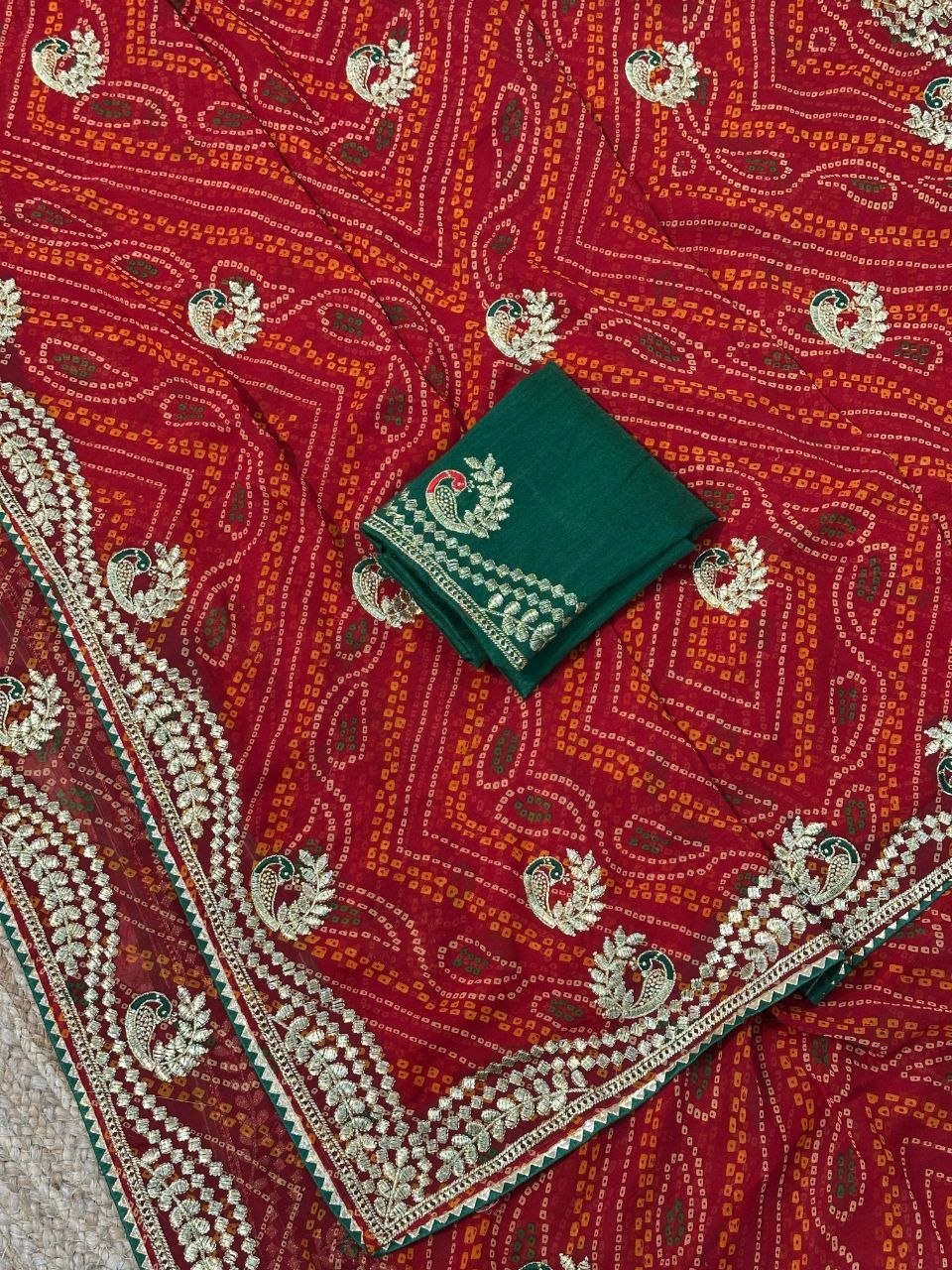 Georgette Bandhani Embroidered Saree with Zari Weaving Mono Silk Blouse | Traditional Party Wear
