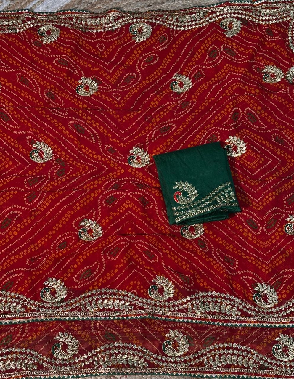 Georgette Bandhani Embroidered Saree with Zari Weaving Mono Silk Blouse | Traditional Party Wear