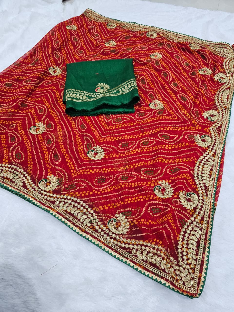 Georgette Bandhani Embroidered Saree with Zari Weaving Mono Silk Blouse | Traditional Party Wear