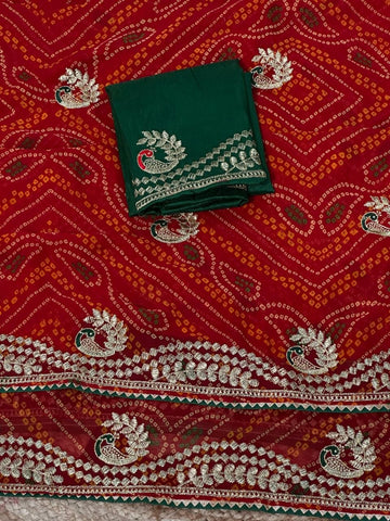 Georgette Bandhani Embroidered Saree with Zari Weaving Mono Silk Blouse | Traditional Party Wear