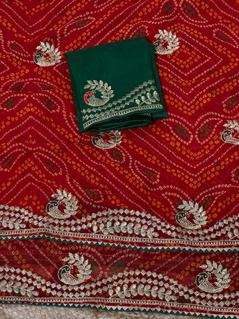 Georgette Bandhani Embroidered Saree with Zari Weaving Mono Silk Blouse | Traditional Party Wear