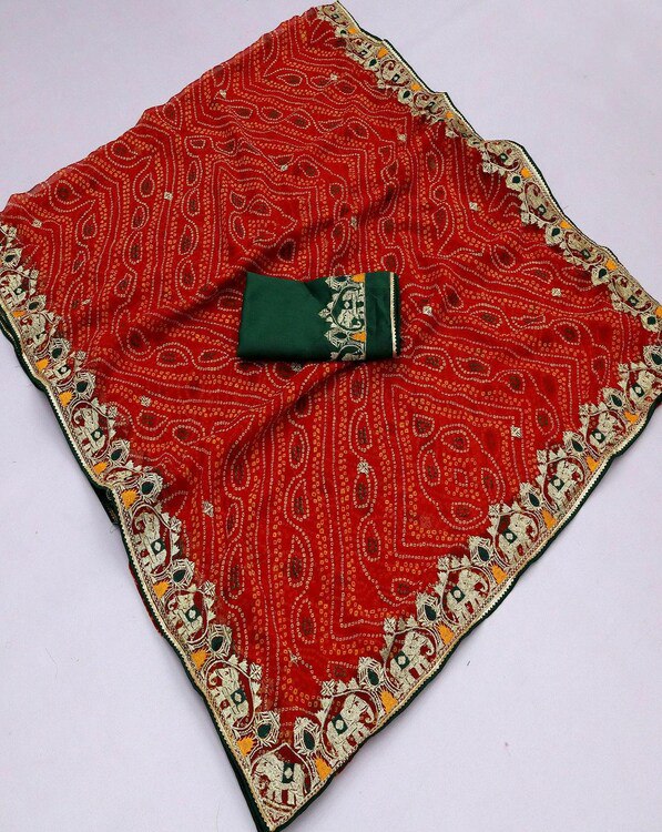 Bandhani Georgette Embroidered Saree with Zari Weaving Mono Silk Blouse | D No P1009 Hathi