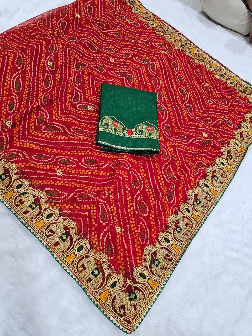 Bandhani Georgette Embroidered Saree with Zari Weaving Mono Silk Blouse | D No P1009 Hathi