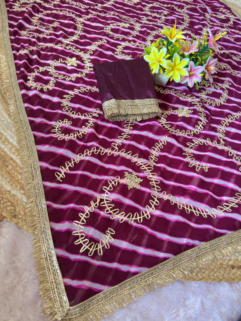 Leriya Bandhani Georgette Saree with Gota Embroidery Work | Mono Silk Blouse | D No P.1149
