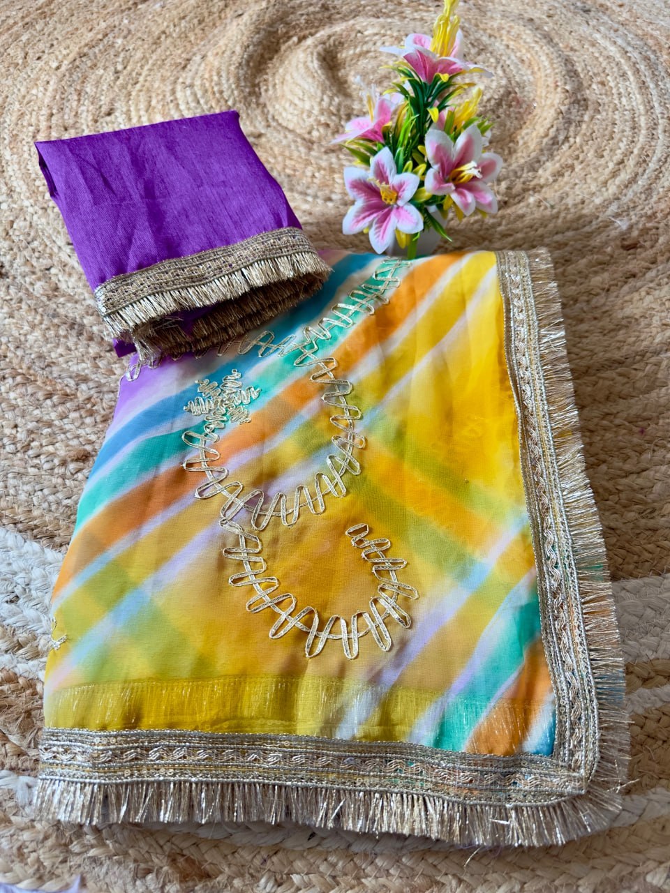 Leriya Gota Work Bandhej Georgette Saree with Mono Silk Gota Blouse | Traditional Designer Saree
