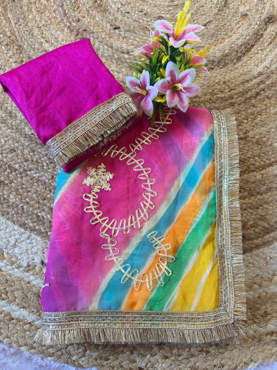 Leriya Gota Work Bandhej Georgette Saree with Mono Silk Gota Blouse | Traditional Designer Saree