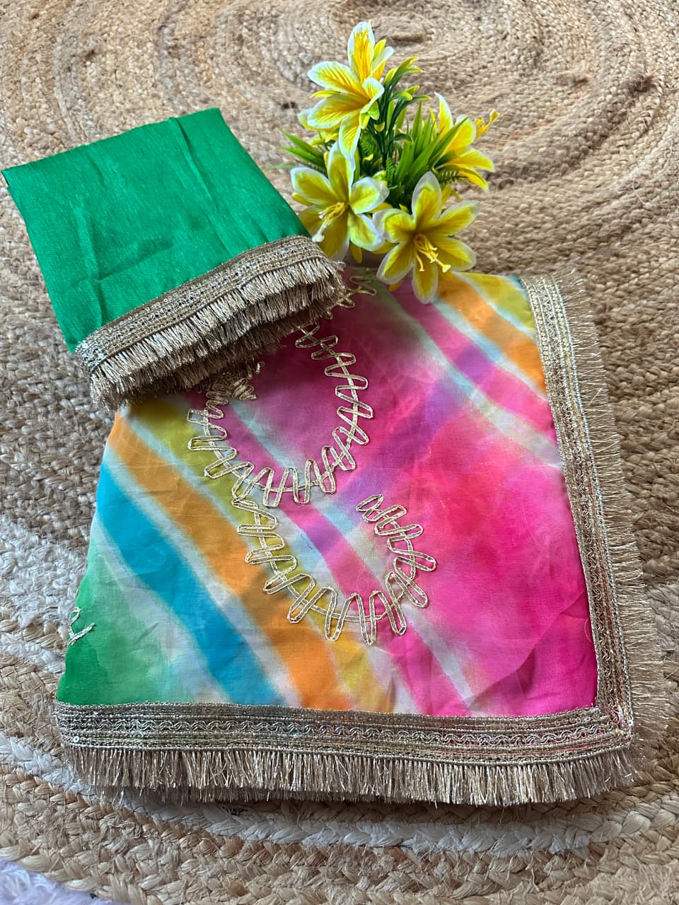 Leriya Gota Work Bandhej Georgette Saree with Mono Silk Gota Blouse | Traditional Designer Saree