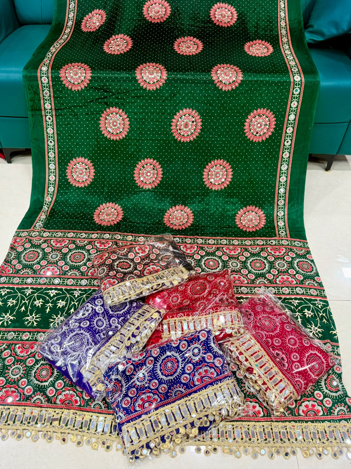 Pure Gajji Soft Silk Ajrakh Bandhej Saree with Mirror Work Border | Premium Designer Wedding Saree