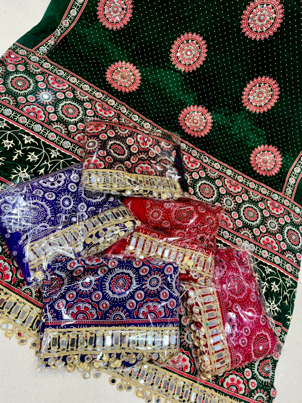 Pure Gajji Soft Silk Ajrakh Bandhej Saree with Mirror Work Border | Premium Designer Wedding Saree