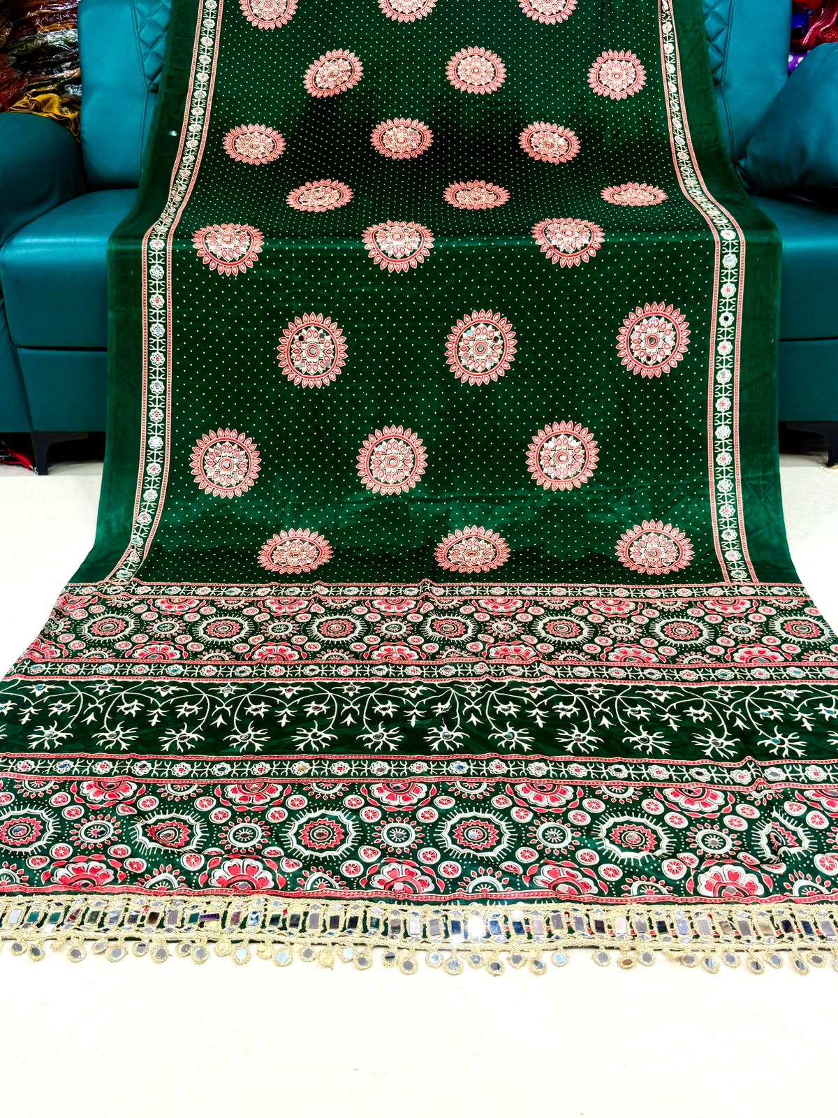 Pure Gajji Soft Silk Ajrakh Bandhej Saree with Mirror Work Border | Premium Designer Wedding Saree
