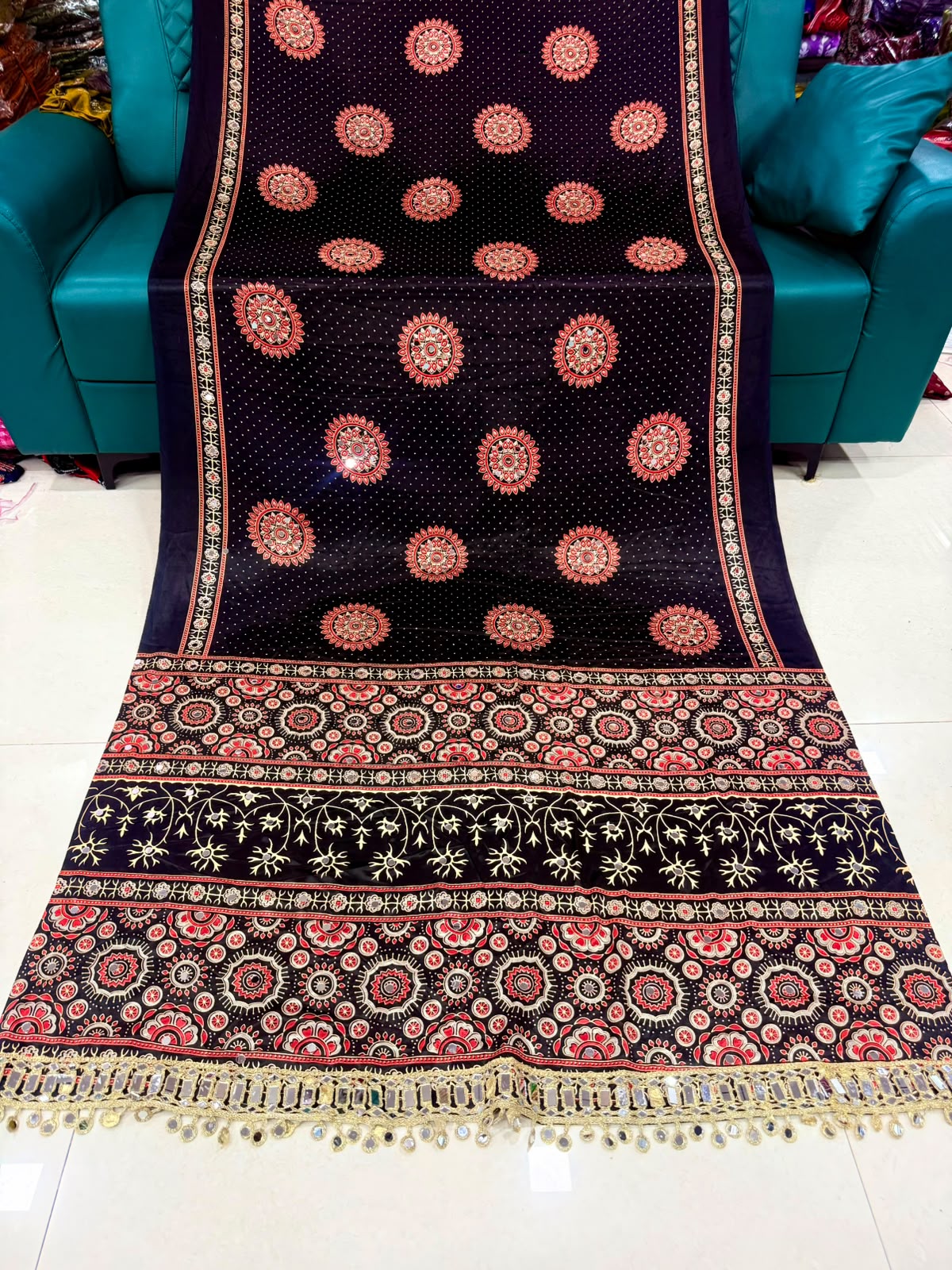 Pure Gajji Soft Silk Ajrakh Bandhej Saree with Mirror Work Border | Premium Designer Wedding Saree
