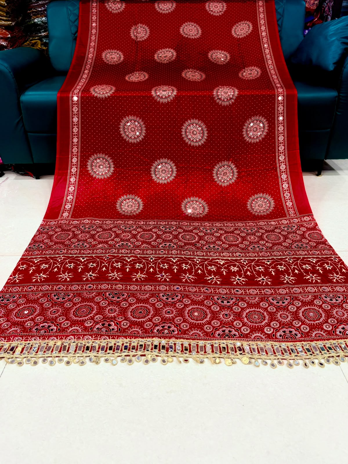 Pure Gajji Soft Silk Ajrakh Bandhej Saree with Mirror Work Border | Premium Designer Wedding Saree
