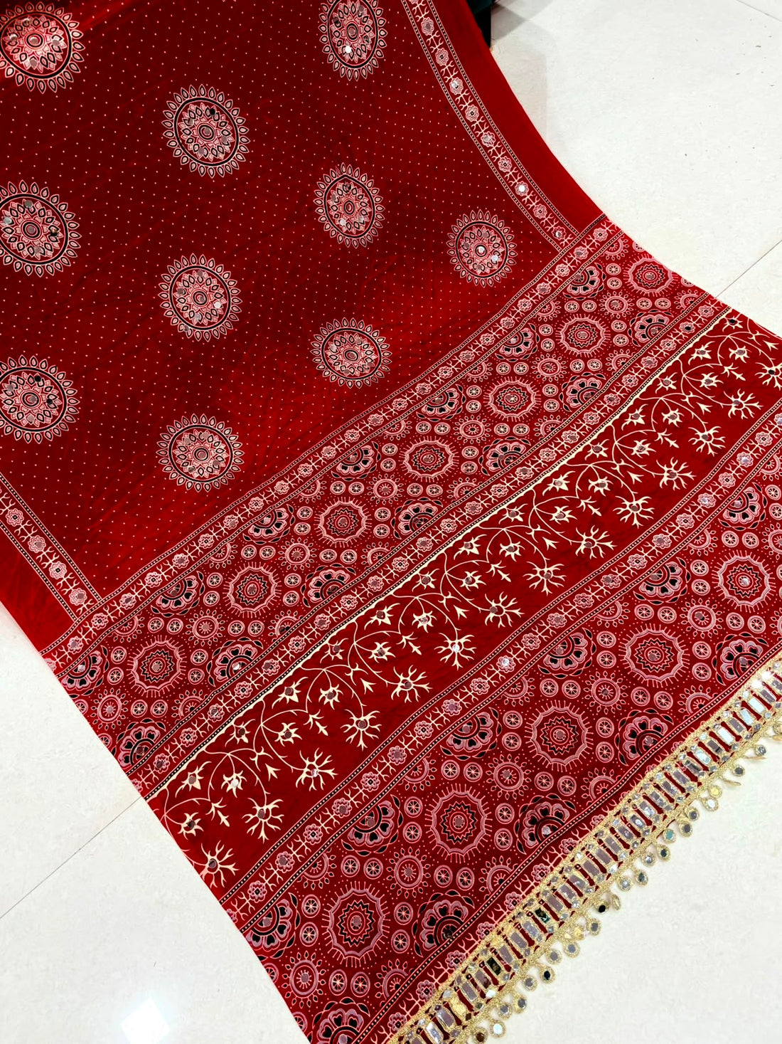 Pure Gajji Soft Silk Ajrakh Bandhej Saree with Mirror Work Border | Premium Designer Wedding Saree