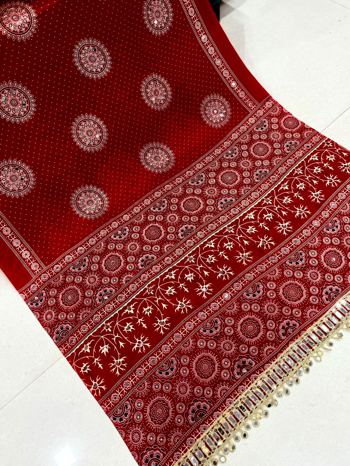 Pure Gajji Soft Silk Ajrakh Bandhej Saree with Mirror Work Border | Premium Designer Wedding Saree