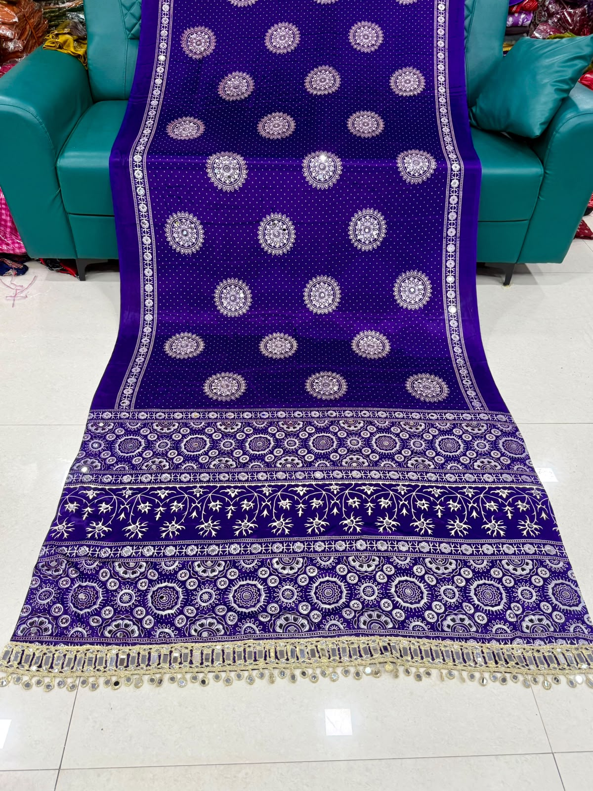 Pure Gajji Soft Silk Ajrakh Bandhej Saree with Mirror Work Border | Premium Designer Wedding Saree