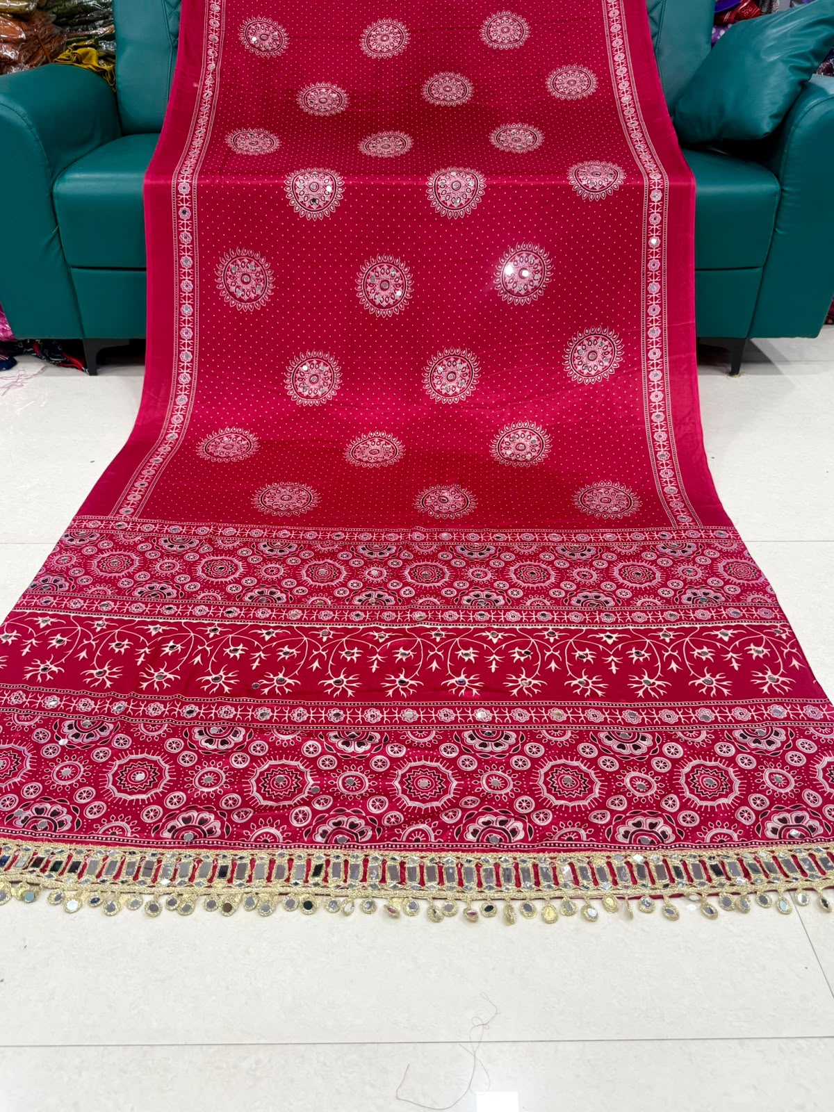 Pure Gajji Soft Silk Ajrakh Bandhej Saree with Mirror Work Border | Premium Designer Wedding Saree