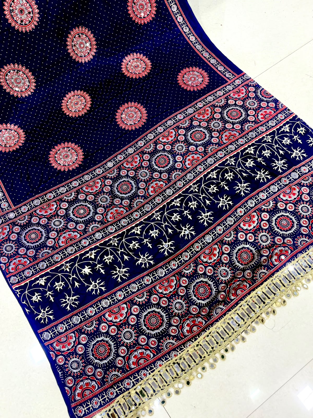 Pure Gajji Soft Silk Ajrakh Bandhej Saree with Mirror Work Border | Premium Designer Wedding Saree