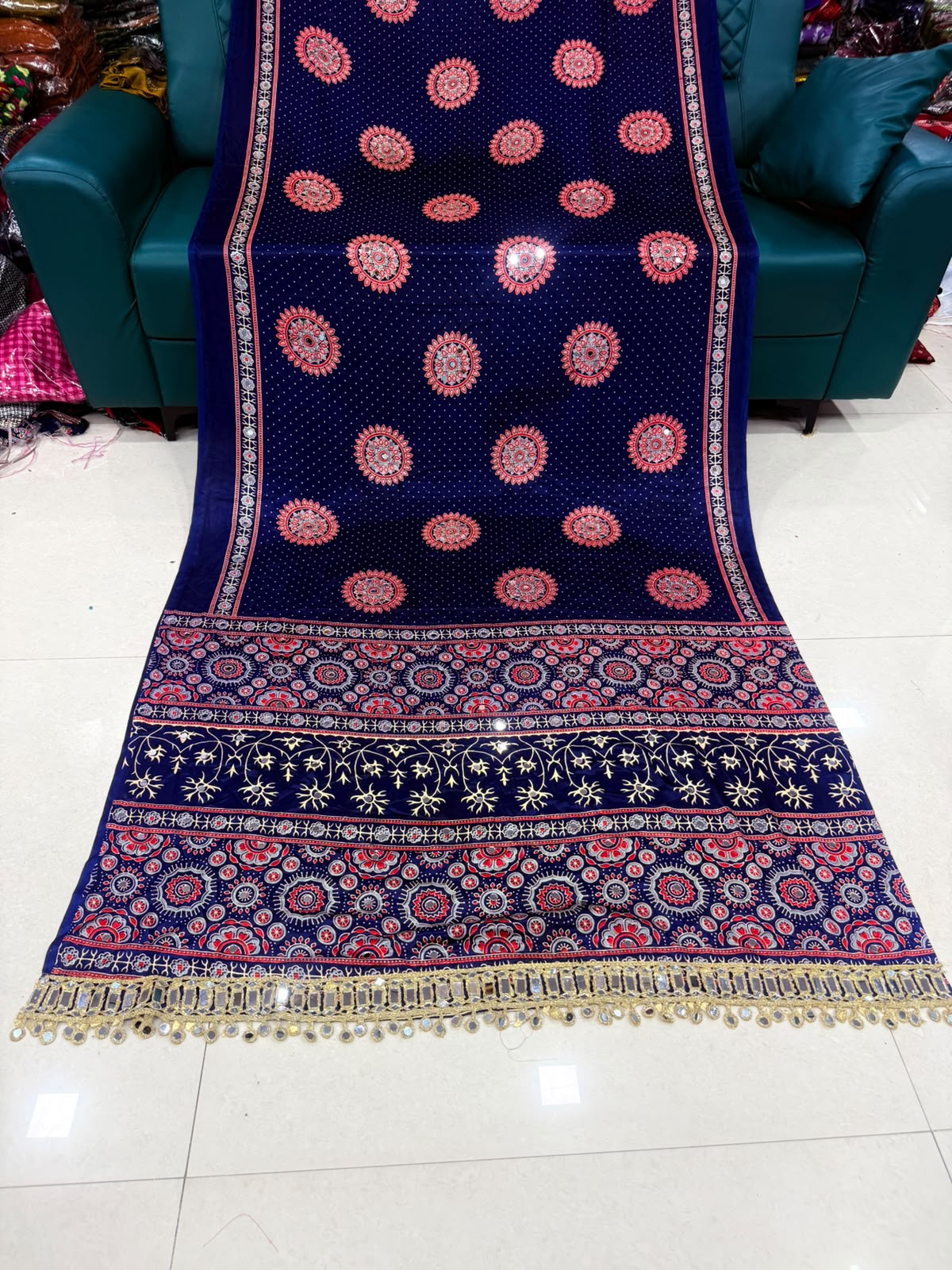 Pure Gajji Soft Silk Ajrakh Bandhej Saree with Mirror Work Border | Premium Designer Wedding Saree