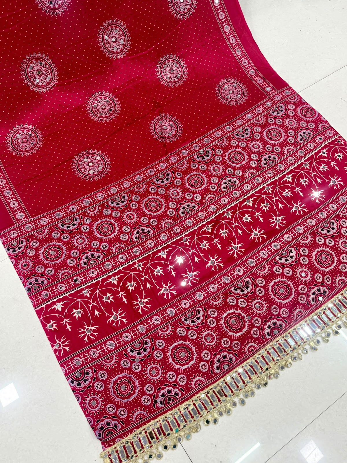 Pure Gajji Soft Silk Ajrakh Bandhej Saree with Mirror Work Border | Premium Designer Wedding Saree