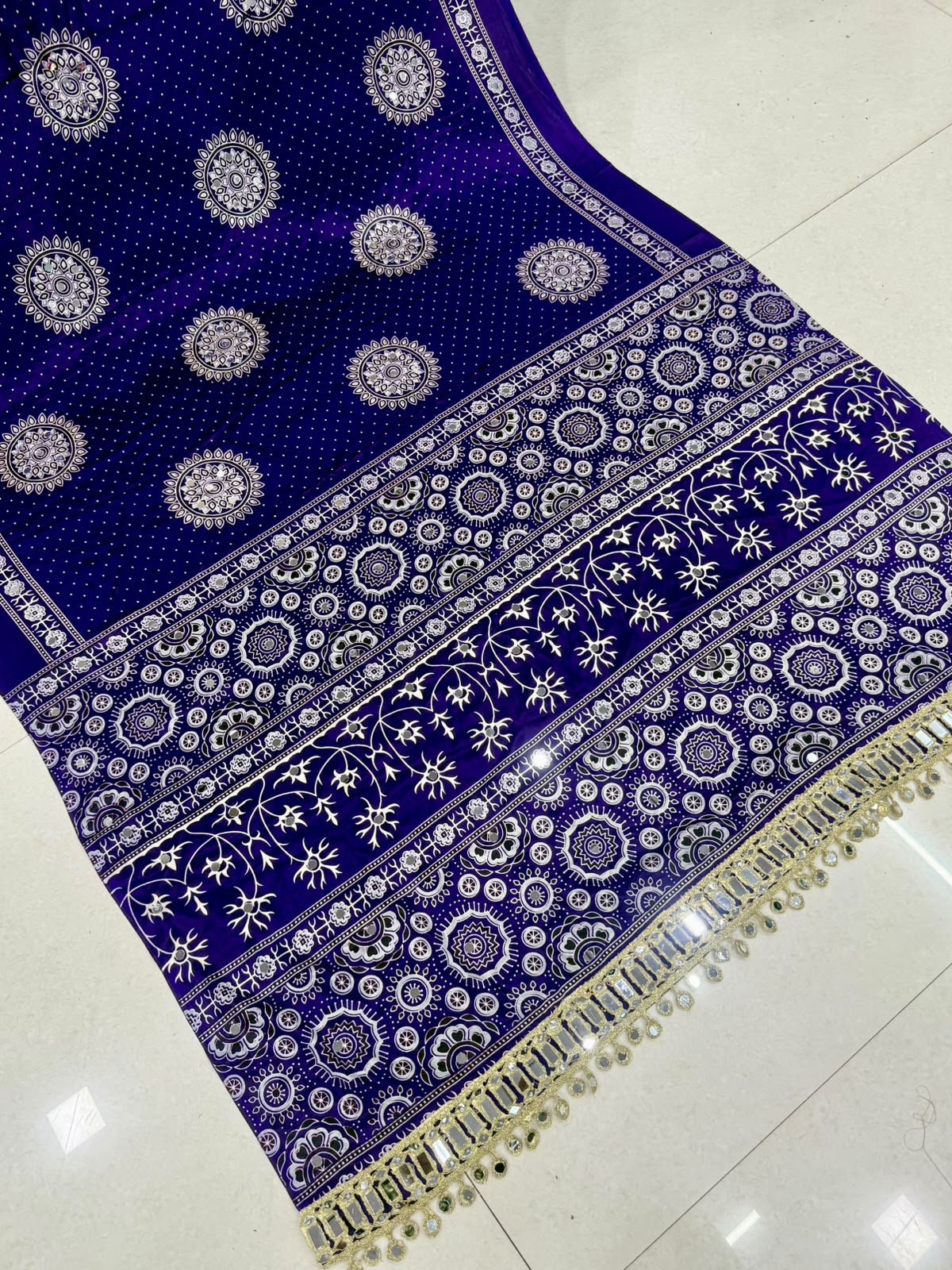 Pure Gajji Soft Silk Ajrakh Bandhej Saree with Mirror Work Border | Premium Designer Wedding Saree