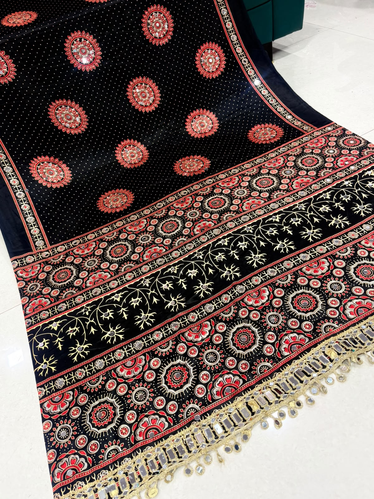 Pure Gajji Soft Silk Ajrakh Bandhej Saree with Mirror Work Border | Premium Designer Wedding Saree