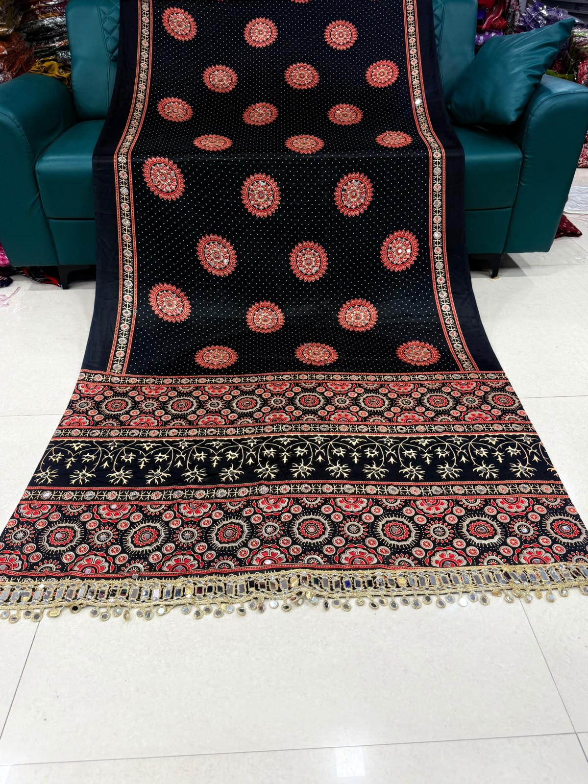 Pure Gajji Soft Silk Ajrakh Bandhej Saree with Mirror Work Border | Premium Designer Wedding Saree