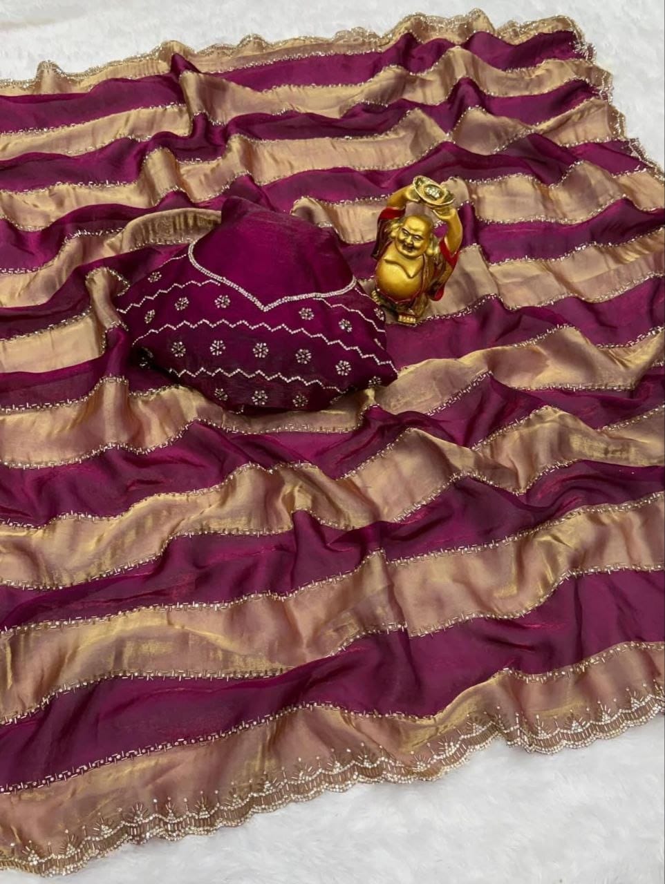 Designer Organza Silk Stripe Saree with Zari Border & Stone Work Blouse | Party Wear Saree