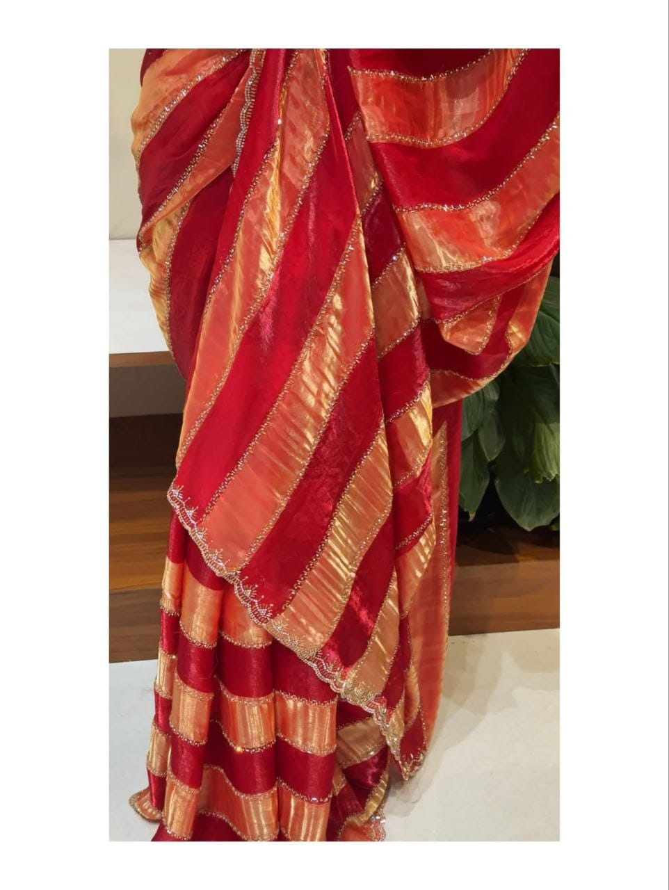 Designer Organza Silk Stripe Saree with Zari Border & Stone Work Blouse | Party Wear Saree