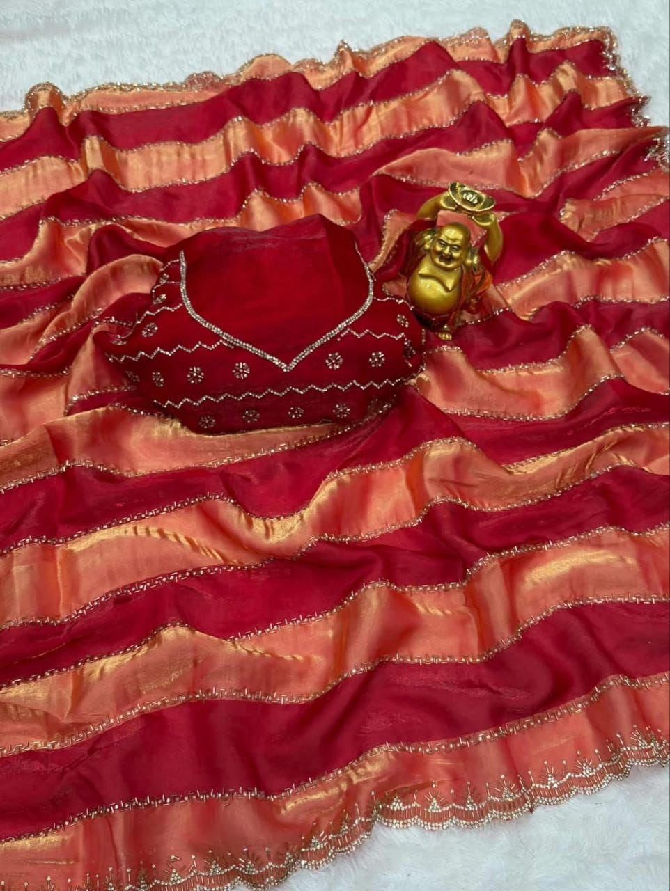 Designer Organza Silk Stripe Saree with Zari Border & Stone Work Blouse | Party Wear Saree