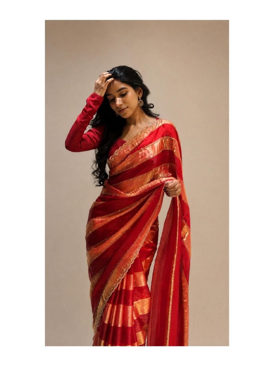 Designer Organza Silk Stripe Saree with Zari Border & Stone Work Blouse | Party Wear Saree