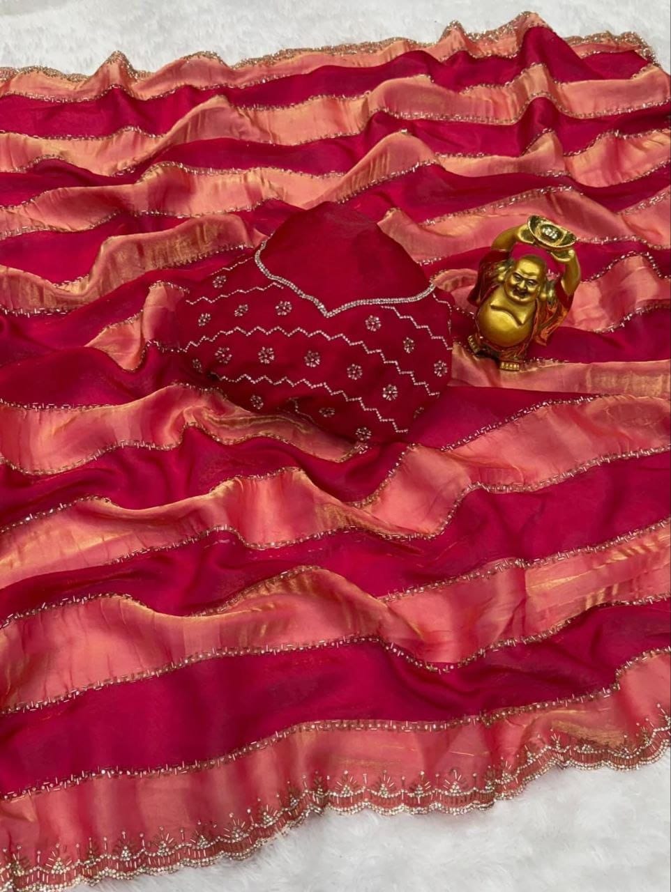 Designer Organza Silk Stripe Saree with Zari Border & Stone Work Blouse | Party Wear Saree