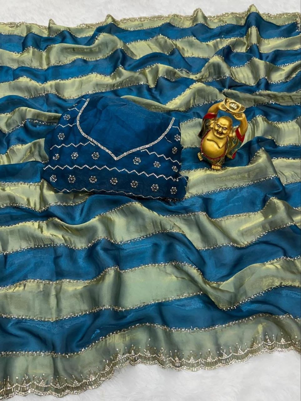 Designer Organza Silk Stripe Saree with Zari Border & Stone Work Blouse | Party Wear Saree
