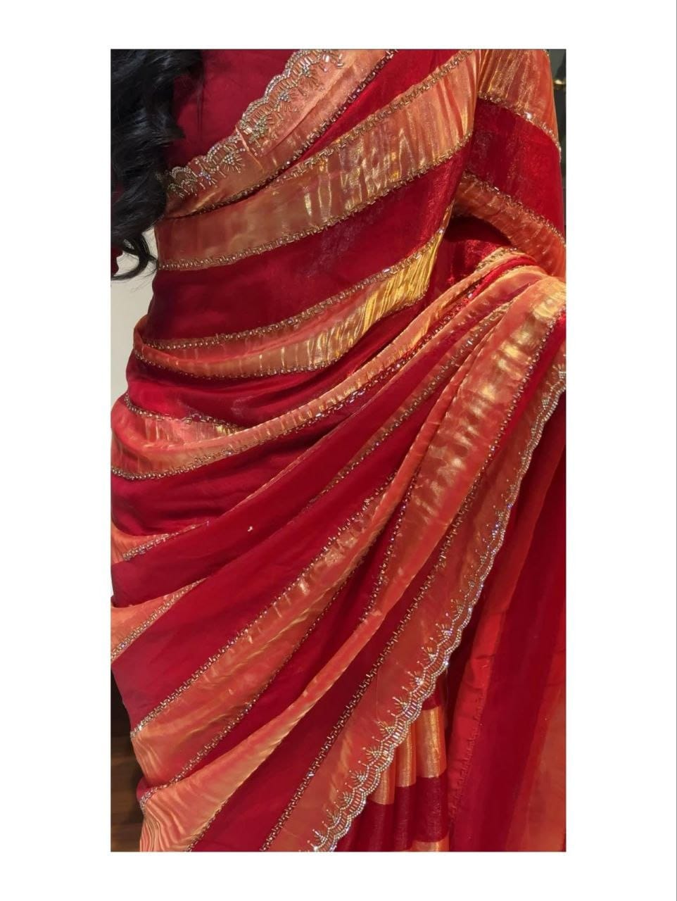 Designer Organza Silk Stripe Saree with Zari Border & Stone Work Blouse | Party Wear Saree