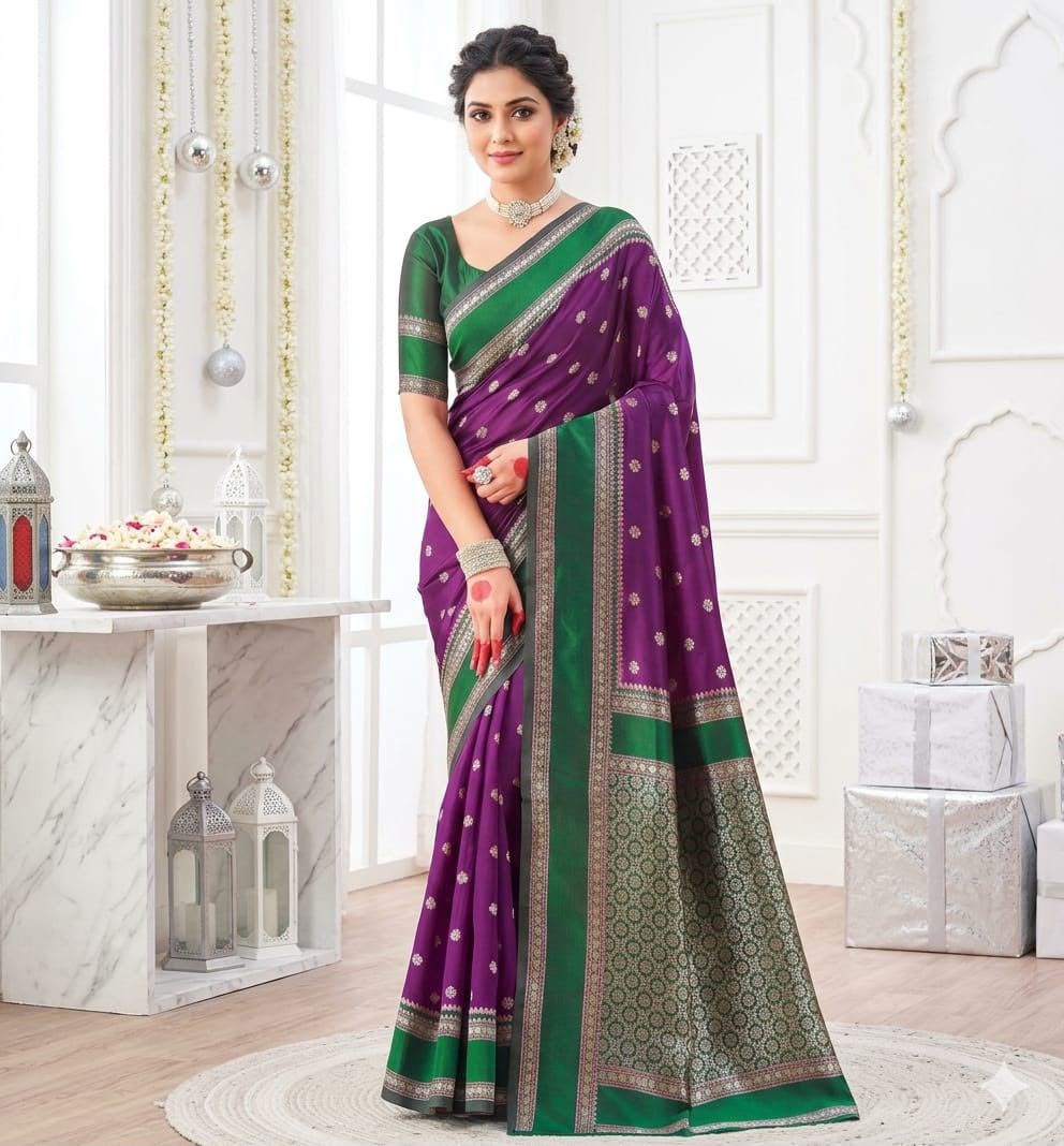 Premium Soft Lichi Silk Banarasi Saree with Rich Jacquard Weaving Pallu & Running Blouse | Wedding & Festive Wear