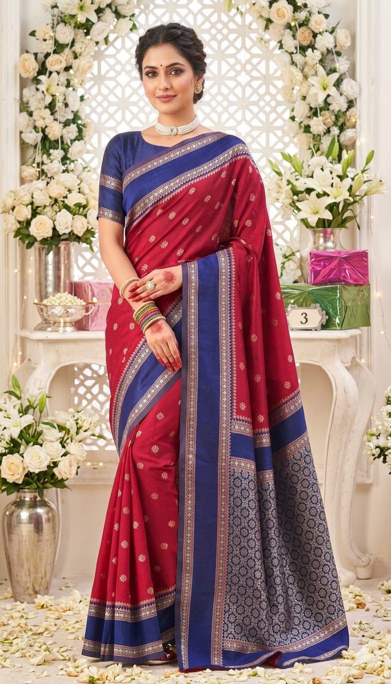 Premium Soft Lichi Silk Banarasi Saree with Rich Jacquard Weaving Pallu & Running Blouse | Wedding & Festive Wear