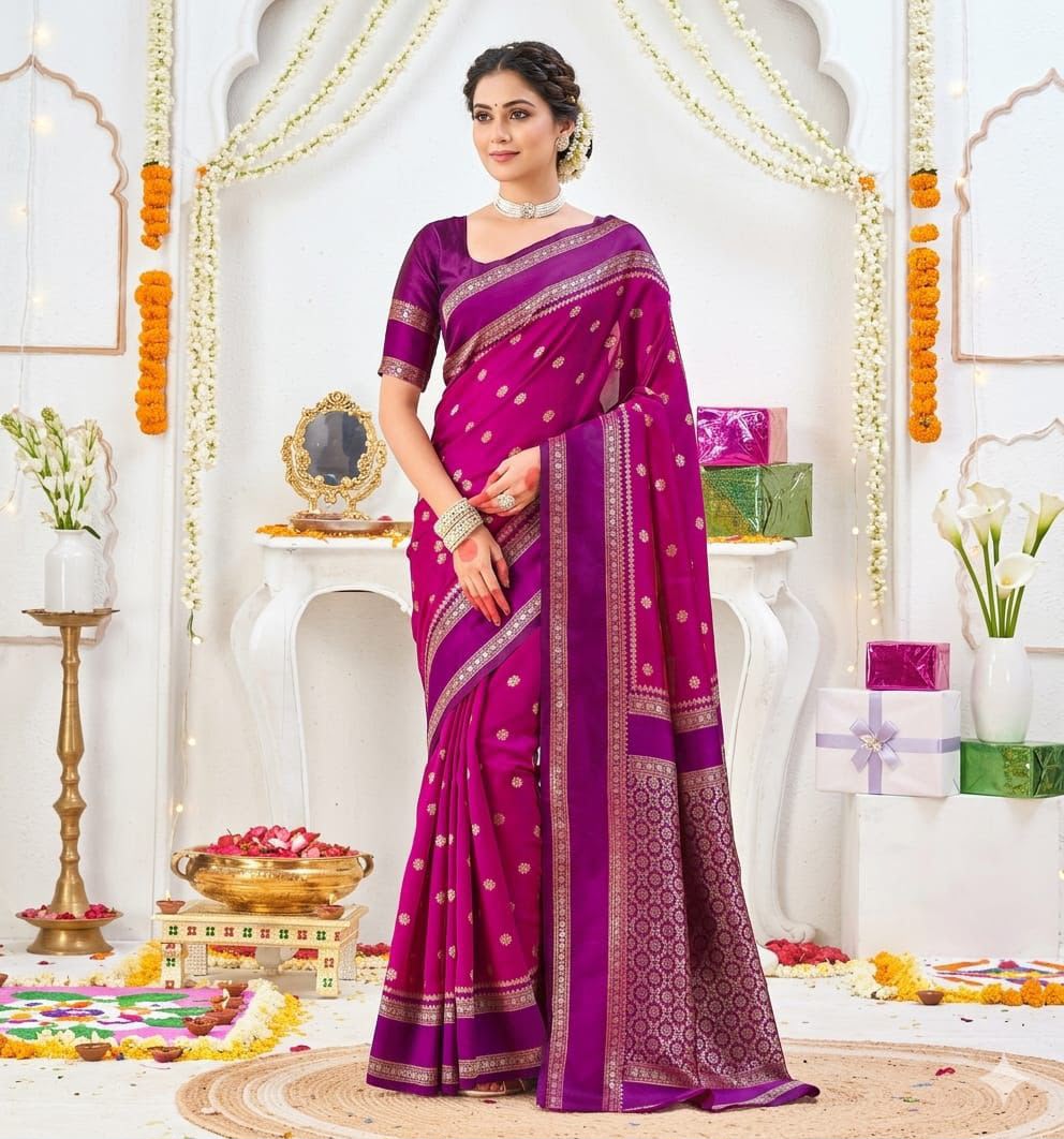 Premium Soft Lichi Silk Banarasi Saree with Rich Jacquard Weaving Pallu & Running Blouse | Wedding & Festive Wear