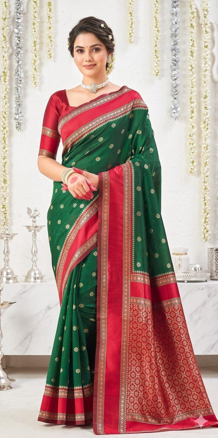 Premium Soft Lichi Silk Banarasi Saree with Rich Jacquard Weaving Pallu & Running Blouse | Wedding & Festive Wear