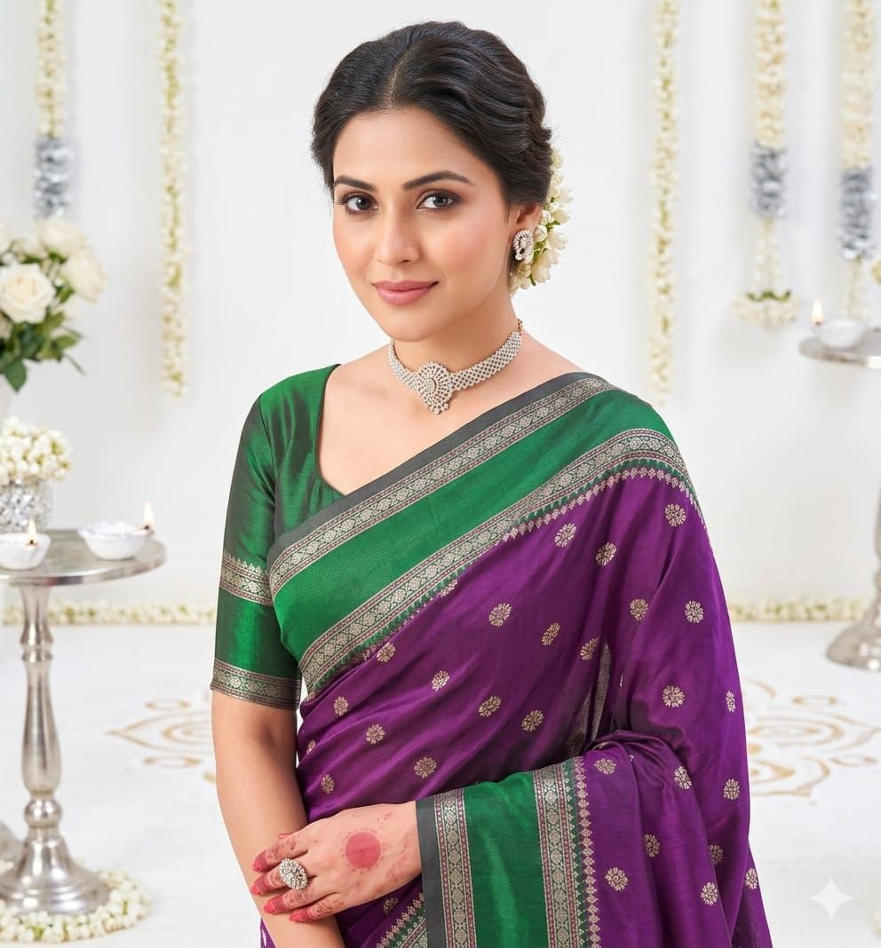 Premium Soft Lichi Silk Banarasi Saree with Rich Jacquard Weaving Pallu & Running Blouse | Wedding & Festive Wear