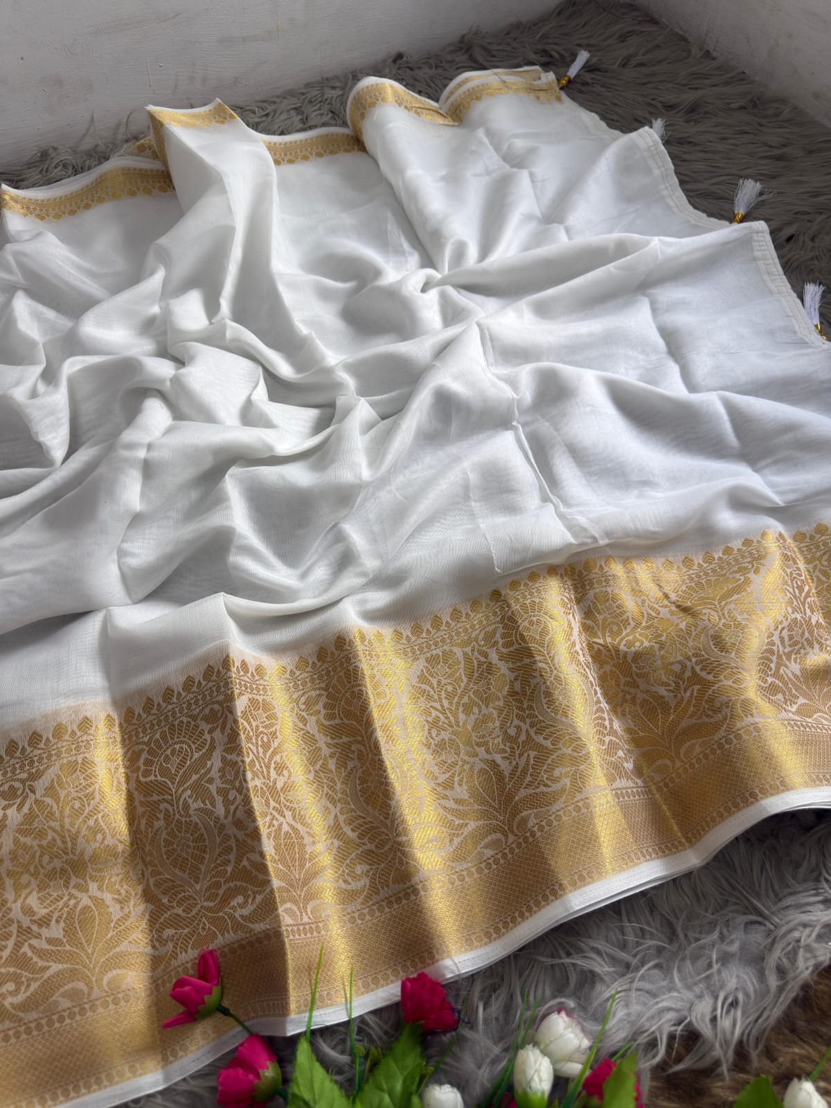 Kerala Cotton Onam Special Saree 2026 | Premium White Kerala Cotton Saree with Golden Kasavu Border & Tassels