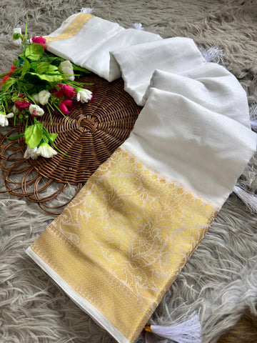 Kerala Cotton Onam Special Saree 2026 | Premium White Kerala Cotton Saree with Golden Kasavu Border & Tassels