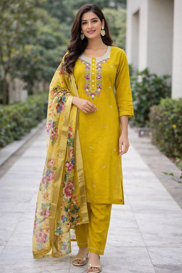 Pari Heavy Embroidered Viscose Roman Silk 3 Piece Suit Set with Organza Jacquard Dupatta – Mustard Yellow