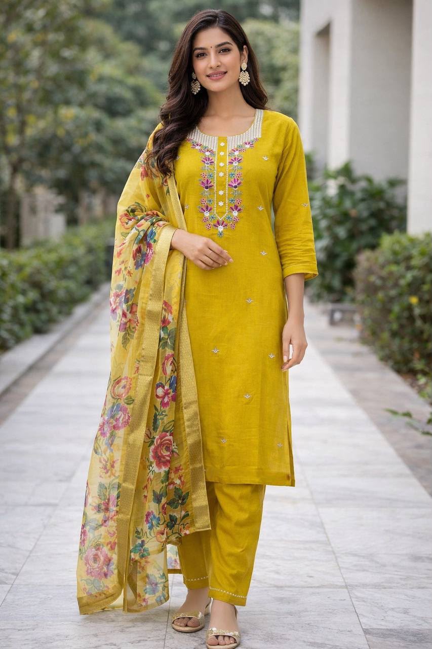 Pari Heavy Embroidered Viscose Roman Silk 3 Piece Suit Set with Organza Jacquard Dupatta – Mustard Yellow
