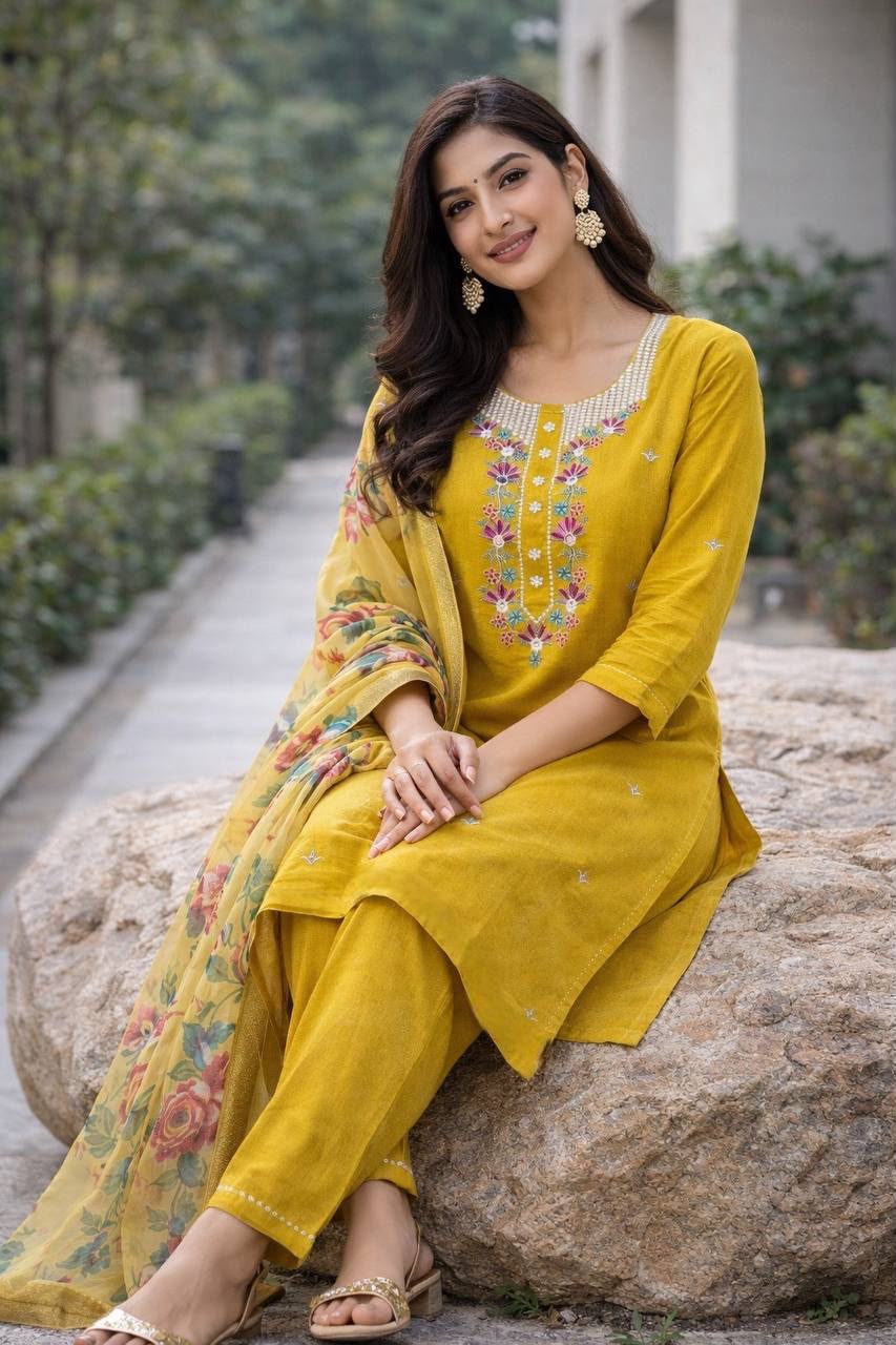 Pari Heavy Embroidered Viscose Roman Silk 3 Piece Suit Set with Organza Jacquard Dupatta – Mustard Yellow