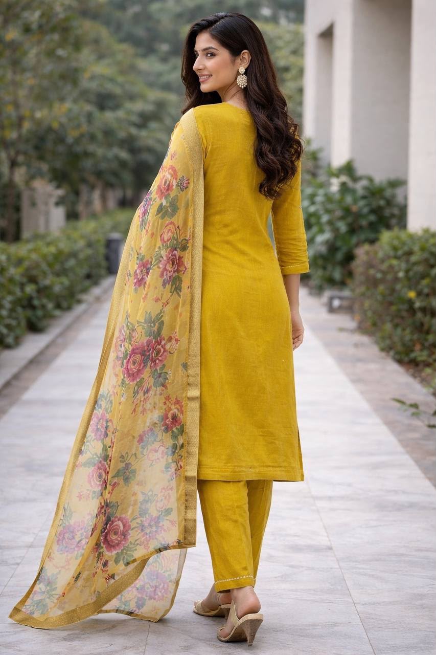 Pari Heavy Embroidered Viscose Roman Silk 3 Piece Suit Set with Organza Jacquard Dupatta – Mustard Yellow