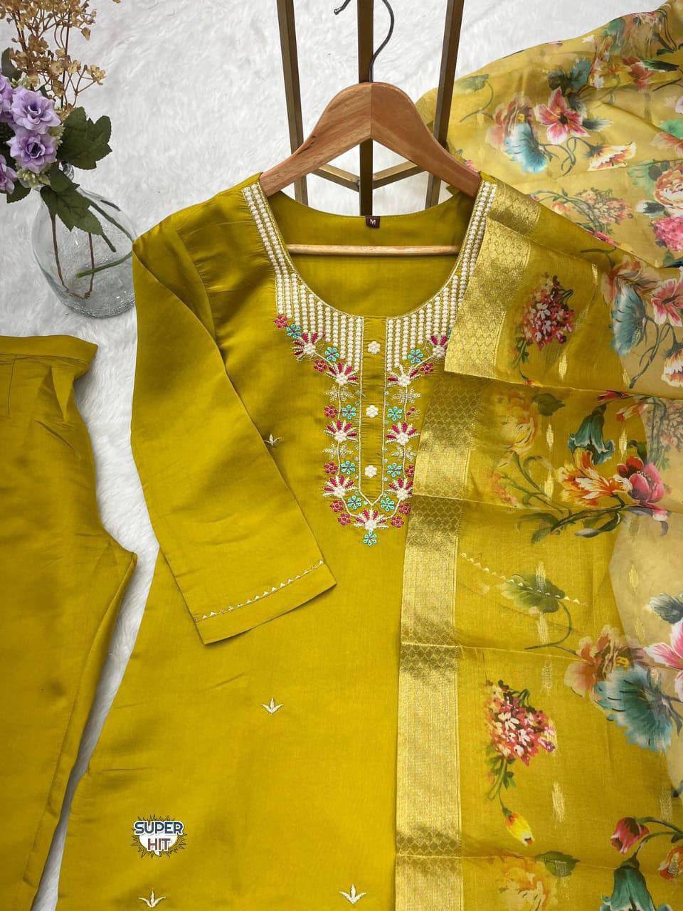 Pari Heavy Embroidered Viscose Roman Silk 3 Piece Suit Set with Organza Jacquard Dupatta – Mustard Yellow
